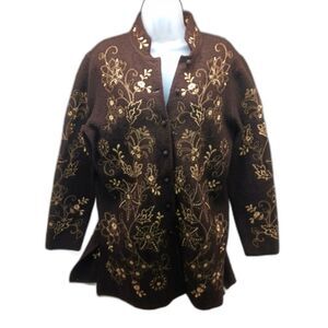 Carole Little Retro Lightweight Embroidered  Felted Wool Duster Jacket Womans L